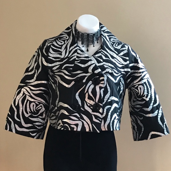V Cristina Black Silver Metallic Floral Print Double Breasted 3/4th Sleeves SZ M - Picture 1 of 15